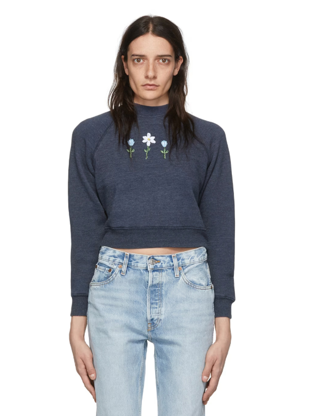 RE/DONE Women Shrunken Sweatshirt Small Heather Navy Blue Floral Embroidery NWT